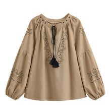 Load image into Gallery viewer, Retro Floral Embroidered, Linen Cotton Blouse ,Lace-up Boho Shirt

