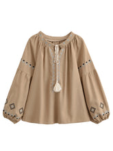 Load image into Gallery viewer, Geometry Embroidered ,Linen Cotton ,Lace-up Tassel Boho Shirt
