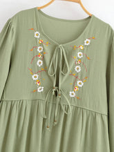 Load image into Gallery viewer, Linen Cotton,Wild Floral Embroidery , Lace-up Tassel Maxi Boho Dress
