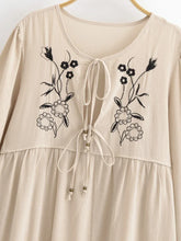 Load image into Gallery viewer, Linen Cotton,Wild Floral Embroidery , Lace-up Tassel Maxi Boho Dress
