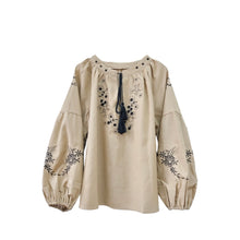Load image into Gallery viewer, Retro Floral Embroidered ,Linen Cotton Blouse ,Lace-up Tassel Boho Shirts
