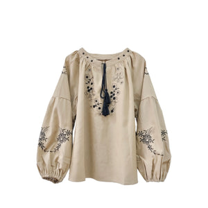 Retro Floral Embroidered ,Linen Cotton Blouse ,Lace-up Tassel Boho Shirts