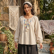 Load image into Gallery viewer, Floral Embroidery Tassel, Linen Cotton Blouse, Boho Shirts

