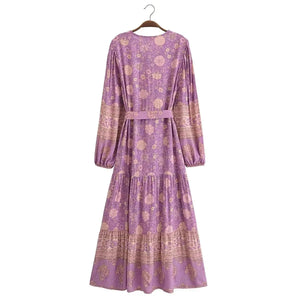 Floral Print ,Breasted Bohemian Maxi Dress, Boho Dress Robe