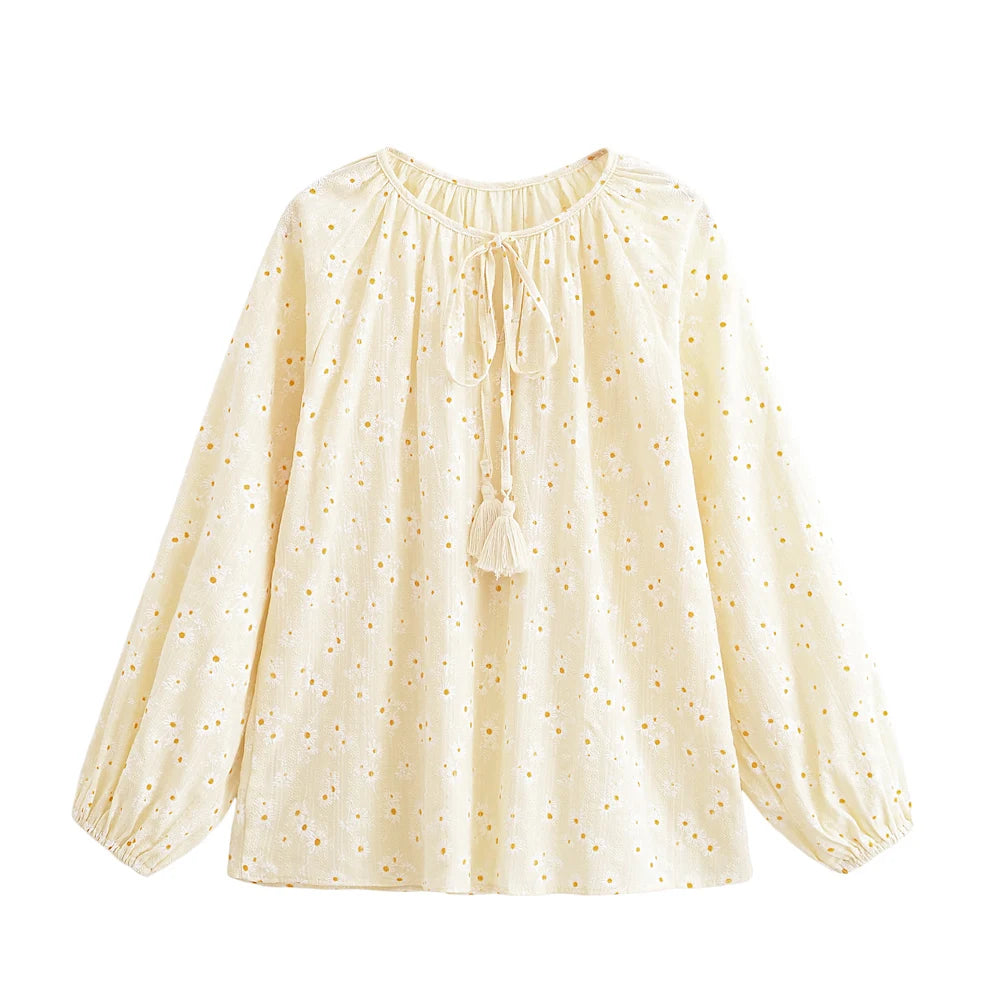 Daisy Floral Embroidery, Linen Cotton Shirts ,Boho Blusas