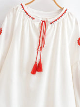 Load image into Gallery viewer, Vintage Floral Embroidered Cotton Linen Blouse - Boho Tassel Tie Neck Puff Sleeve Top
