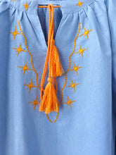 Load image into Gallery viewer, Star Moon Embroidery, Linen Cotton Blouse,Lace-up Tassel Boho Shirts
