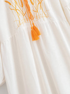 Retro Linen Cotton,Wheat Emberoidery, Lantern Sleeve Boho Maxi Dress