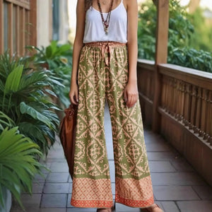 Geometric Floral Print ,Wide Leg Bohemian Pants , Boho Pant Pockets