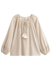 Load image into Gallery viewer, Golden Floral Embroidery ,Linen Cotton Blouse,Loose Boho Shirts
