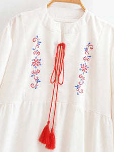 Retro Floral Emberoidery, Linen Cotton Vacation, Boho Maxi Dress