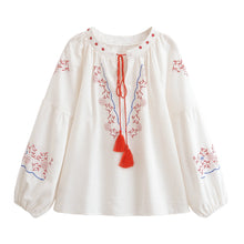 Load image into Gallery viewer, Retro Floral Embroidered, Linen Cotton Blouse ,Lace-up Boho Shirt
