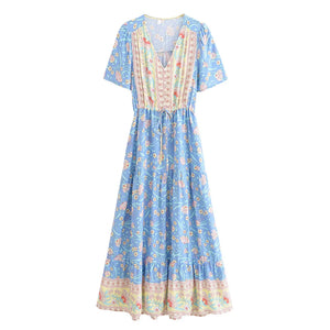 Blue Floral Print,Bohemian Maxi Dress,Boho Dress