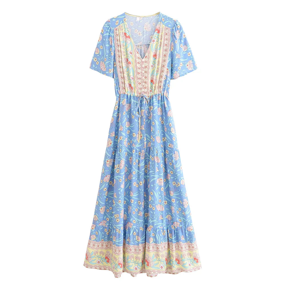 Blue Floral Print,Bohemian Maxi Dress,Boho Dress