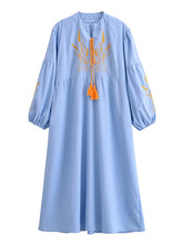 Load image into Gallery viewer, Retro Linen Cotton,Wheat Emberoidery, Lantern Sleeve Boho Maxi Dress
