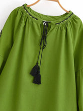 Load image into Gallery viewer, Vintage Floral Embroidered Cotton Linen Blouse - Boho Tassel Tie Neck Puff Sleeve Top
