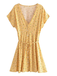 Yellow Floral Print ,Single Breasted,Boho Beach Dress