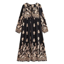 Load image into Gallery viewer, Vintage Floral Print Maxi Dress  Tie V Neck Loose Fit  Vacation Beach Dress
