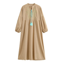 Load image into Gallery viewer, Retro Linen Cotton,Wheat Emberoidery, Lantern Sleeve Boho Maxi Dress

