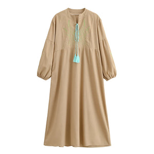 Retro Linen Cotton,Wheat Emberoidery, Lantern Sleeve Boho Maxi Dress