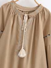 Load image into Gallery viewer, Geometry Embroidered ,Linen Cotton ,Lace-up Tassel Boho Shirt
