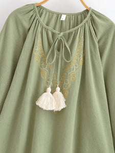 Golden Floral Embroidery ,Linen Cotton Blouse,Loose Boho Shirts