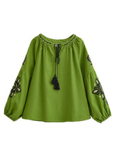 Load image into Gallery viewer, Vintage Floral Embroidered Cotton Linen Blouse - Boho Tassel Tie Neck Puff Sleeve Top
