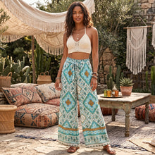 Load image into Gallery viewer, Green Floral Print Bohemian Wide Leg Pants Boho Trousers
