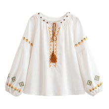 Load image into Gallery viewer, Geometry Embroidered ,Linen Cotton ,Lace-up Tassel Boho Shirt
