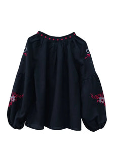 Retro Floral Embroidered ,Linen Cotton Blouse ,Lace-up Tassel Boho Shirts