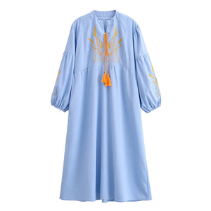 Retro Linen Cotton,Wheat Emberoidery, Lantern Sleeve Boho Maxi Dress