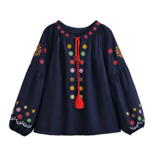 Load image into Gallery viewer, Bohemian Floral Embroidered, Linen Cotton Blouse,Lace-up Tassel Boho Shirt
