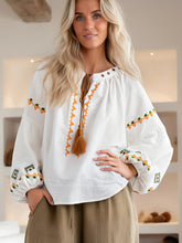 Load image into Gallery viewer, Geometry Embroidered ,Linen Cotton ,Lace-up Tassel Boho Shirt
