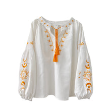 Load image into Gallery viewer, Star Moon Embroidery, Linen Cotton Blouse,Lace-up Tassel Boho Shirts
