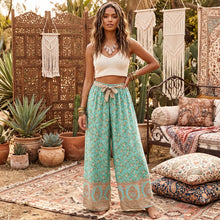 Load image into Gallery viewer, Green Floral Print Bohemian Wide Leg Pants Boho Trousers
