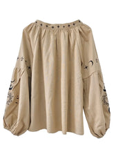 Load image into Gallery viewer, Star Moon Embroidery, Linen Cotton Blouse,Lace-up Tassel Boho Shirts
