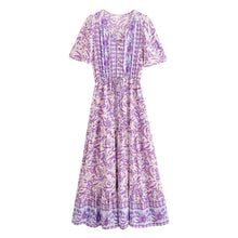 Load image into Gallery viewer, Purple Floral Print ,Button V-neck ,Boho Dress
