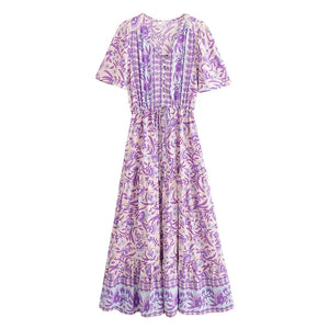 Purple Floral Print ,Button V-neck ,Boho Dress