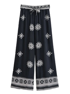 Purple Floral , Wide Leg Pants with Pockets ,Vacation Boho Pant