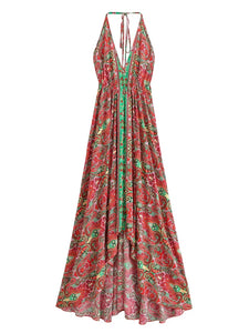 Wild Floral ,Backless Sexy Maxi Dress , High-Low Tassel Strapless Boho Dress