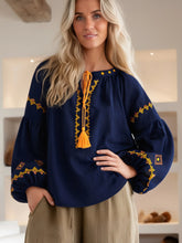 Load image into Gallery viewer, Geometry Embroidered ,Linen Cotton ,Lace-up Tassel Boho Shirt
