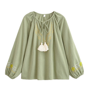 Golden Floral Embroidery ,Linen Cotton Blouse,Loose Boho Shirts