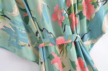 Load image into Gallery viewer, Boho Green Crane &amp; Floral Print Kimono | Rayon Beach Cover-up &amp; Robe
