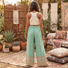 Load image into Gallery viewer, Green Floral Print Bohemian Wide Leg Pants Boho Trousers
