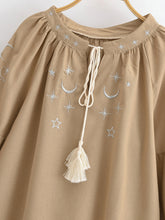 Load image into Gallery viewer, Star Embroidered, Linen Cotton Blouse ,Lace-up Tassel Boho Shirt
