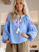 Load image into Gallery viewer, Bohemian Floral Embroidered, Linen Cotton Blouse,Lace-up Tassel Boho Shirt
