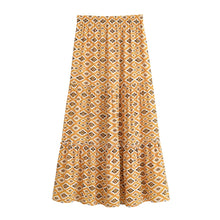 Load image into Gallery viewer, Olive Geometric Tiered Boho Maxi Skirt - Elastic Long Skirt
