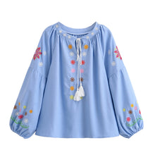 Load image into Gallery viewer, Bohemian Floral Embroidered, Linen Cotton Blouse,Lace-up Tassel Boho Shirt
