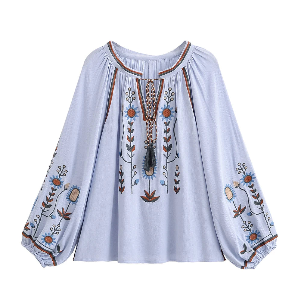 Floral Embroidery, Linen Cotton Shirts ,Boho Blusas