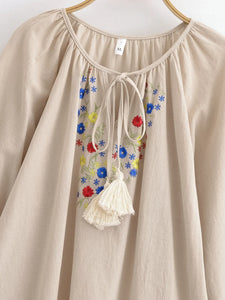 Floral Embroidery, Linen Cotton Blouse, Boho Shirts